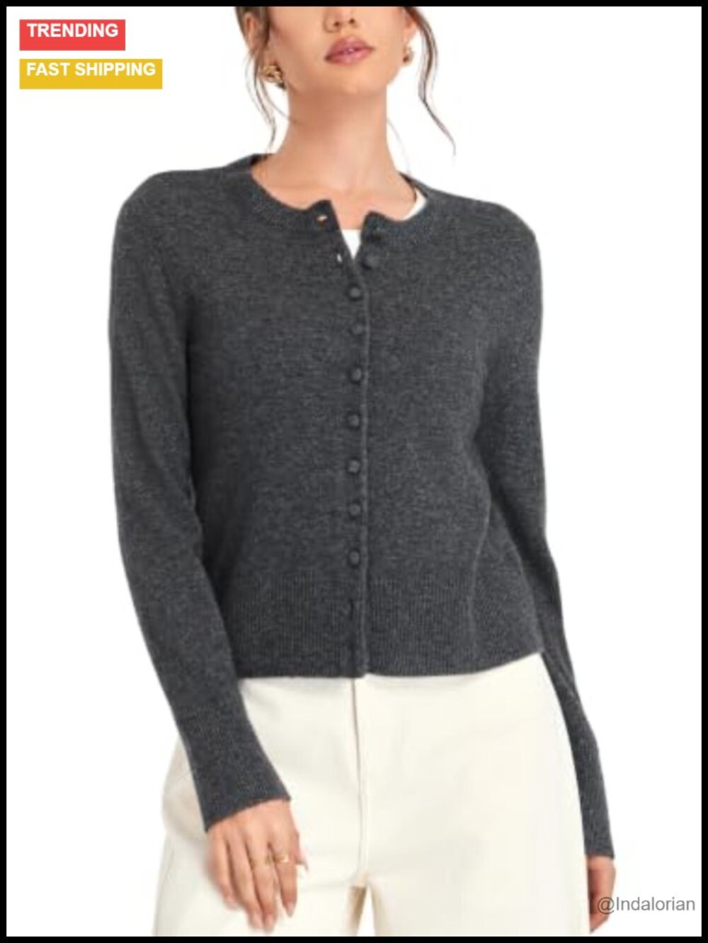 GOTS Cashmere Wool Cropped Crew Neck Cardigan Sweater